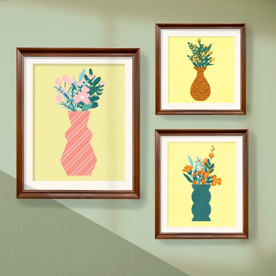2D Modern Art Style Vase of Flowers Gallery Wall Set Art Prints Digital File Downloads