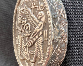 Boîte à pilules en argent 800, boîte à pilules avec charnière, Egypte, hiéroglyphes, cadeau en argent, pièce de déclaration, style Art déco