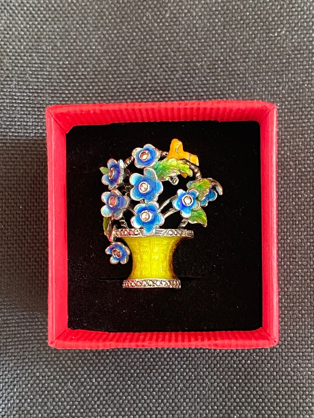 Broche Fleur En Argent Massif Émaillé & Marcassites - Début XXe - Poinçons 850‰ - 50x36 Mm