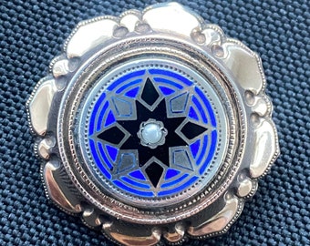 antique silver star brooch, enameled black and blue, pearl, around 1880-1900, Victorian, gold-plated, antique jewelry