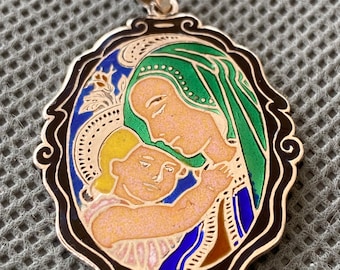 antique Art Deco 900 silver enameled Madonna with child pendant, charm around 1930, statement piece, silver gift, accessory