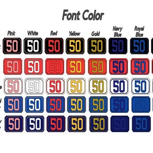 Pode incluir: Um gr&aacute;fico que mostra diferentes op&ccedil;&otilde;es de cor de fonte para um patch. O gr&aacute;fico mostra o n&uacute;mero "50" em v&aacute;rias cores, incluindo preto, rosa, branco, vermelho, amarelo, dourado, azul marinho, azul real e preto.