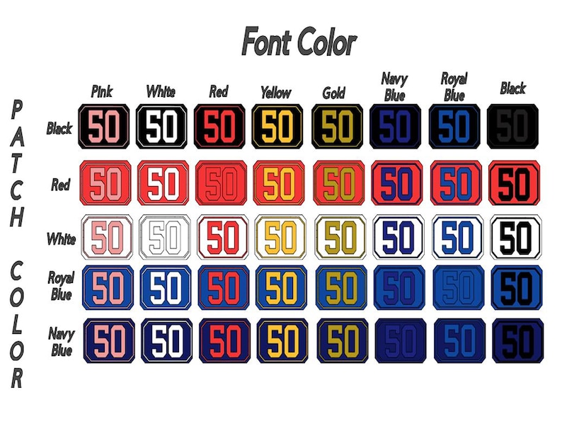 Pode incluir: Um gr&aacute;fico que mostra diferentes op&ccedil;&otilde;es de cor de fonte para um patch. O gr&aacute;fico mostra o n&uacute;mero "50" em v&aacute;rias cores, incluindo preto, rosa, branco, vermelho, amarelo, dourado, azul marinho, azul real e preto.