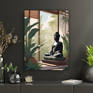 Póster de Buda Zen Tropical / Arte mural de atención plena espiritual, impresión de un sereno refugio en la selva, decoración bohemia minimalista para sala de yoga y meditación