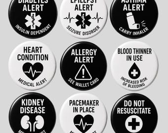 Medical Alert Pin Button Set, Diabetes Epilepsy Asthma Heart Condition Allergy DNR Emergency Safety Badge Gift Pins Set, autism awareness
