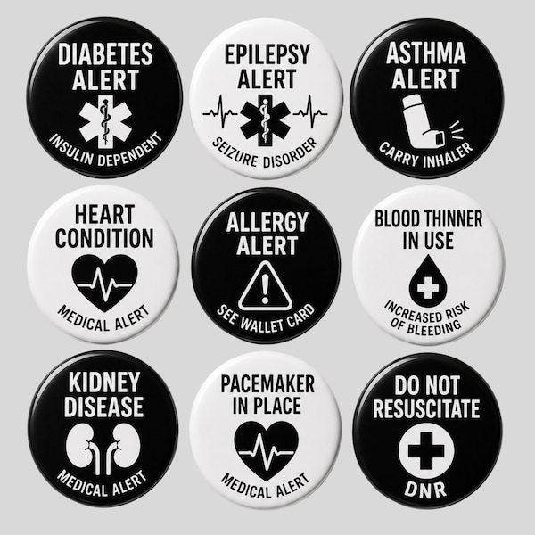 Set mit medizinischen Notfall-Anstecknadeln, Diabetes, Epilepsie, Asthma, Herzerkrankungen, Allergien, DNR-Notfallabzeichen, Autismus-Aufklärung