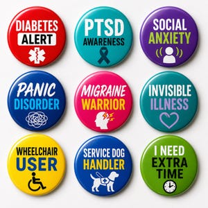 Op de afbeelding: Een set van negen ronde buttons met diverse gezondheidsbewustzijnsboodschappen. De buttons tonen tekst en iconen waaronder Diabetes Alert, PTSD Awareness, Social Anxiety, Panic Disorder, Migraine Warrior, Invisible Illness, Wheelchair User, Service Dog Handler en I Need Extra Time in levendige kleuren.