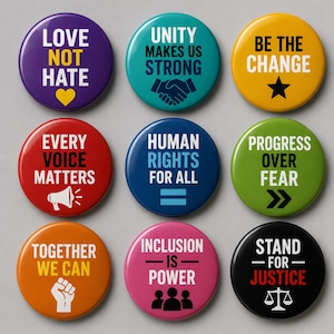 May include: A set of nine circular pin-back buttons in various colors, each featuring bold text and icons. Phrases include Love Not Hate, Unity Makes Us Strong, Be The Change, Every Voice Matters, Human Rights For All, Progress Over Fear, Together We Can, Inclusion Is Power, and Stand For Justice.