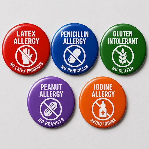 Individuell gestaltete medizinische Notfall-Anstecknadeln, Allergie-Anstecknadeln, Latex-, Erdnuss-, Gluten-, Penicillin- und Jodallergie-Anstecknadeln, medizinischer Ausweis, Allergie-Warnhinweis