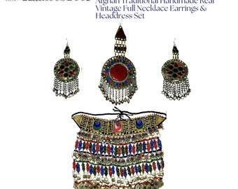 Afghaanse traditionele handgemaakte echte vintage volledige ketting oorbellen en hoofdtooi sieradenset - KameesToor