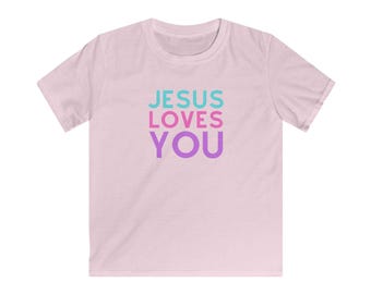 Jesus loves you, Jesus loves me, Kids Softstyle Tee, girls pink tshirt, girls Christian tshirt, Closer Purpose
