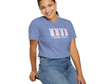 Happy Easter, floral bunnies, womens Easter tshirt, Closer Purpose