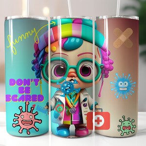 Comic Cartoon Doctor doll Tumbler Wrap Template 20oz Skinny Tumbler Sublimation Designs for Straight/Tapered Tumbler, 3D Design