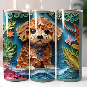 3D Poodle Dog with Floral Pattern 20 oz Skinny Tumbler Sublimation Design, Straight And Tapered Tumbler Wrap Design, Digital Download PNG