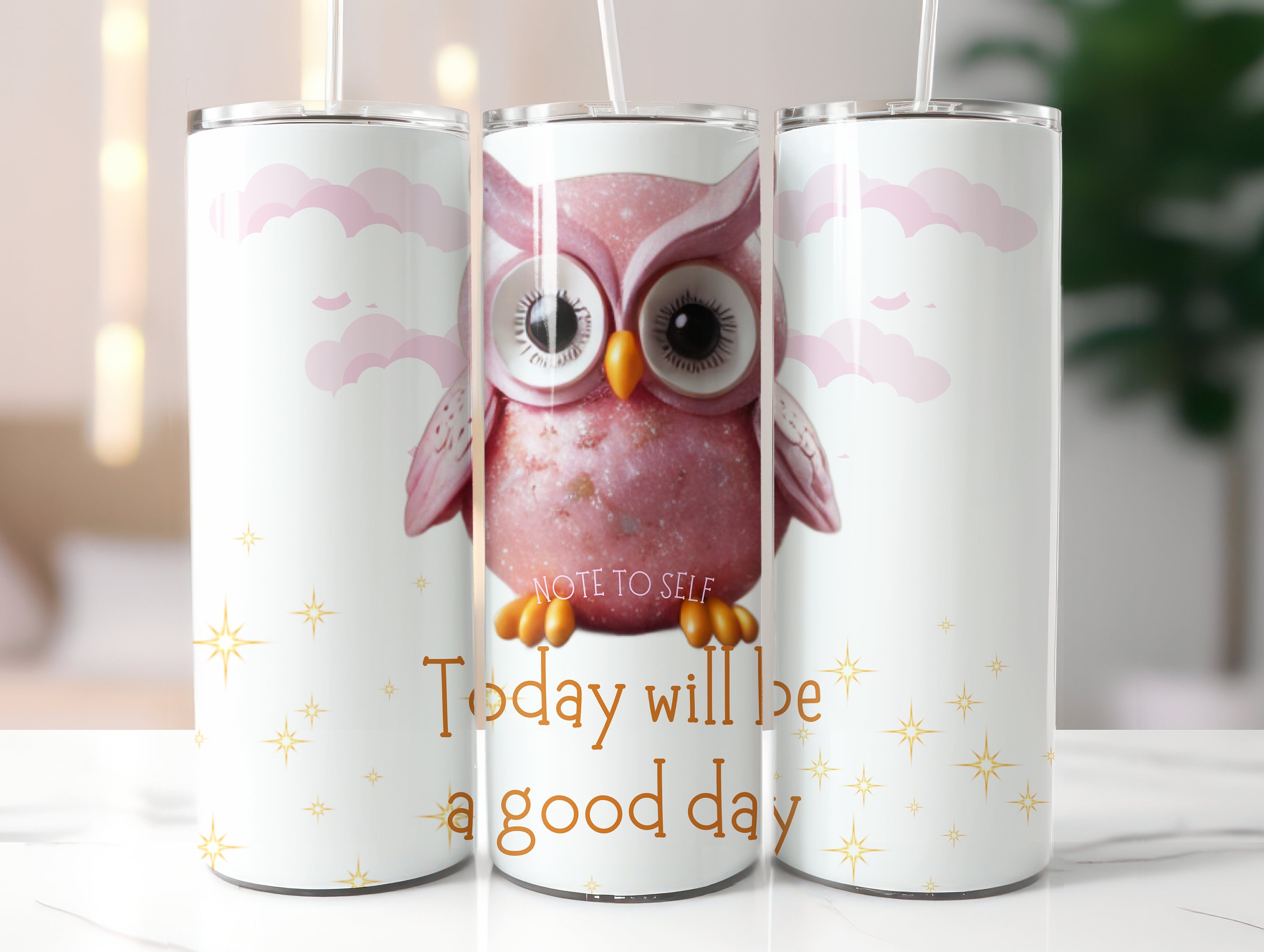 Pink Owl Tumbler Design, Diamond Stars 20oz Skinny Wrap (PNG)