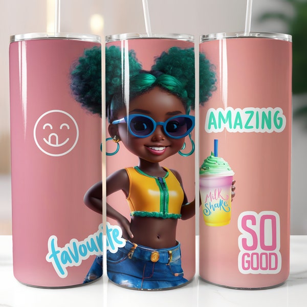 Black Cool Girl Drink Shake 20oz Sublimation Tumbler Designs, Golden Blue 9.2 x 8.3” Straight Skinny Tumbler Wrap PNG,Sublimation Design PNG