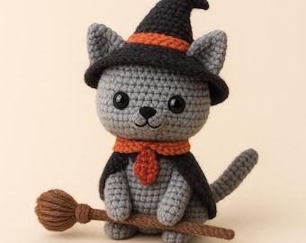 Witch Cat Amigurumi Crochet Pattern, Halloween Cat Doll PDF, English US Terms