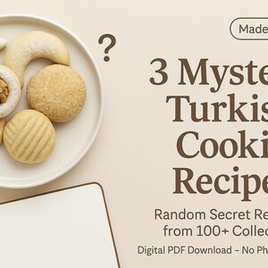 May include: A white plate holds an assortment of Turkish cookies, including crescent-shaped and round varieties, some dusted with powdered sugar. The image includes text that reads "3 Mystery Turkish Cookie Recipes".