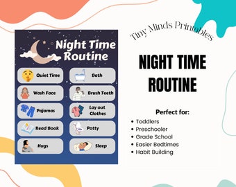 Night Time Routine - Bedtime Schedule for Toddlers, Preschoolers, Kindergarten - Visual Rhythm Chart - Digital Download