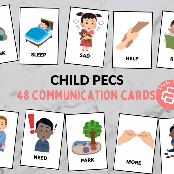 Child PECS - 48 Communication Cards for Non-Verbal, Speech Delay & Autism - Printable Download Perfect for Toddlers, Preschool, Kindergarten