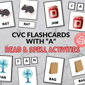 CVC Flashcards with A - 3 Part Cards - Spelling and Reading Activity - Kindergarten, Grade 1, Homeschool
