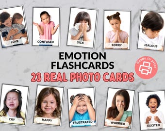 Pode incluir: Um conjunto de 23 flashcards imprimíveis com crianças expressando diferentes emoções. Os cartões são rotulados com palavras como "amor", "confuso", "doente", "desculpe", "ciumento", "chorar", "feliz", "frustrado", "preocupado" e "animado".