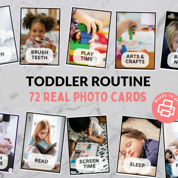 Toddler / Preschool Routine Cards - 72 Real-Life Picture Cards for Daily Activities - Make a Visual Schedule - PECS Non-Verbal Children