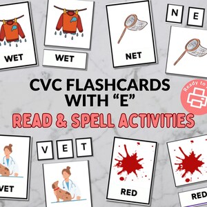 CVC Flashcards with E - 3 Part Cards - Spelling and Reading Activity - Kindergarten, Grade 1, Homeschool