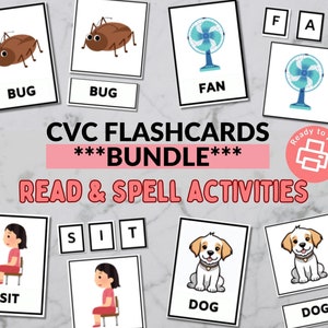 CVC Flashcards BUNDLE - 3 Part Cards - Spelling and Reading Activity - Kindergarten, Grade 1, Homeschool