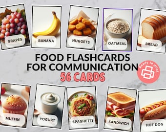 May include: A set of 56 printable flashcards featuring various food items, including grapes, banana, nuggets, oatmeal, bread, muffin, yogurt, spaghetti, sandwich, and hot dog. The flashcards are designed for communication and are ready to print.