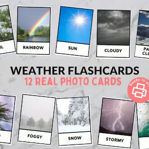 Weather Flashcards - Montessori 3 Part Cards - Toddlers, Preschool, Kindergarten - 12 Real Picture Cards - Printable Download