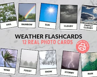 Weather Flashcards - Montessori 3 Part Cards - Toddlers, Preschool, Kindergarten - 12 Real Picture Cards - Printable Download