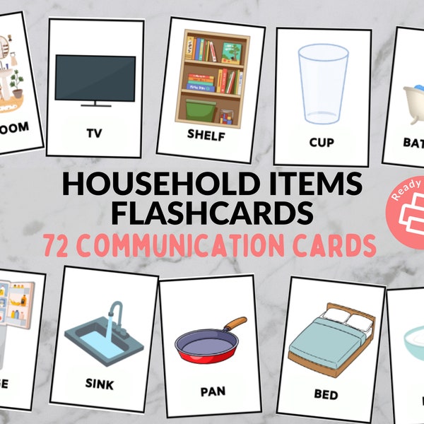 Household Items Flashcards / Picture Communication Cards for Autistic & Non-Verbal Children - Digital Download