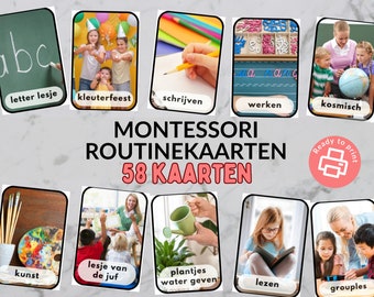 May include: A set of 58 colourful Montessori routine cards with images and text in Dutch. The cards feature activities such as letter lessons, art, reading, and group work. The cards are ready to print.