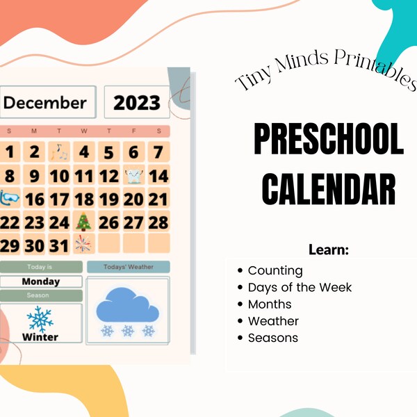 Printable Children's Monthly Calendar Template - DIY Preschool Busy Book PDF - Learn Dates, Weather, Seasons, Counting - Circle Time