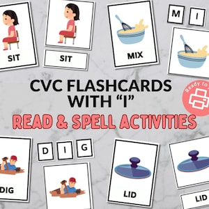 CVC Flashcards with I - 3 Part Cards - Spelling and Reading Activity - Kindergarten, Grade 1, Homeschool