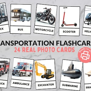 Transportation Flashcards - Vehicles and Things That Go - 3 Part Cards - Toddlers, Preschool, Kindergarten, Montessori - Printable Download