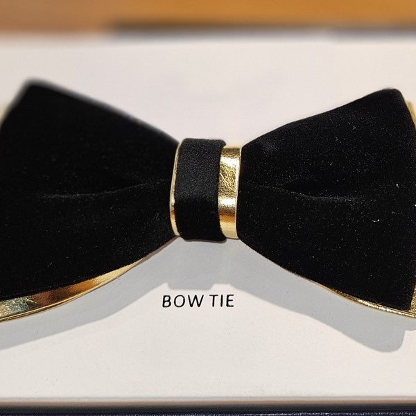 Men's Black and Gold Luxury Velvet Bow Tie and flower pin lapel