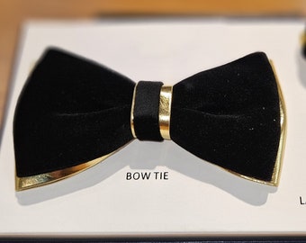 Men's Black and Gold Luxury Velvet Bow Tie and flower pin lapel