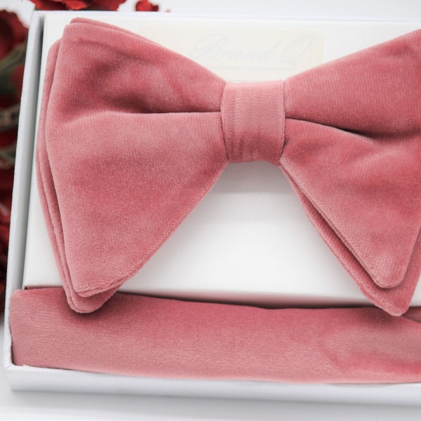 Men's Tom Ford Style Bow Tie and handkerchief  (Men's Oversized Bow Tie) Velvet fabric Dusty Rose color