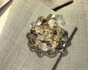 Men's Tan Crystal flower Brooch Pin lapel