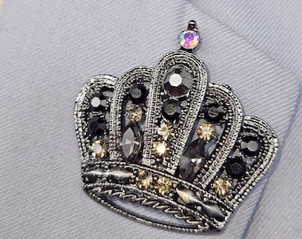 Men's Black and Silver Crown Brooch Pin lapel