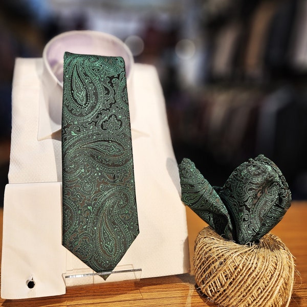 Men's Paisley  Green and Black  Tie and Handkerchief