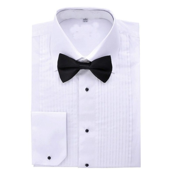 Men's Slim Fit White Tuxedo Shirt and Black Bow Tie Set (Lay down Collar)