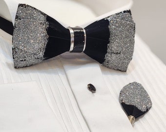 Men's Luxury Black Feather and Silver Glitter Bow Tie and Lapel Pin