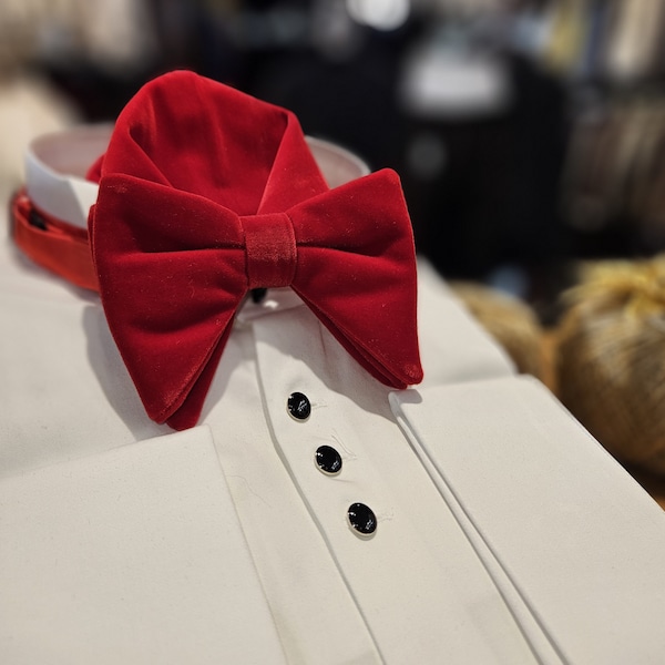 Men's Tom Ford Style Bow Tie and handkerchief  (Men's Oversized Bow Tie) Velvet fabric Red  color