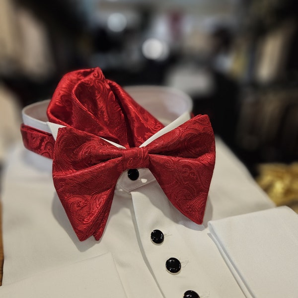 Men's Tom Ford Style Bow Tie and handkerchief  (Men's Oversized Bow Tie) paisley texture Red  color