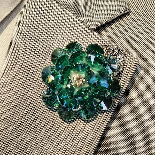 Men's Hunter Green  Crystal flower Brooch Pin lapel