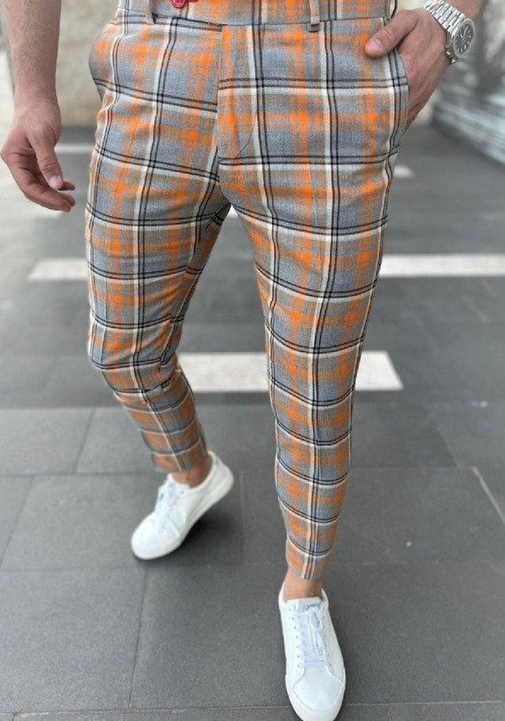 Pantaloni a quadri alla moda da uomo arancione e grigio Etsy Italia