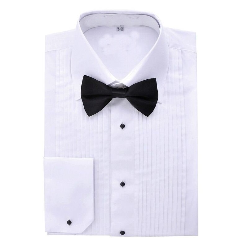 Men's Slim Fit White Tuxedo Shirt and Black Bow Tie Set lay Down Collar